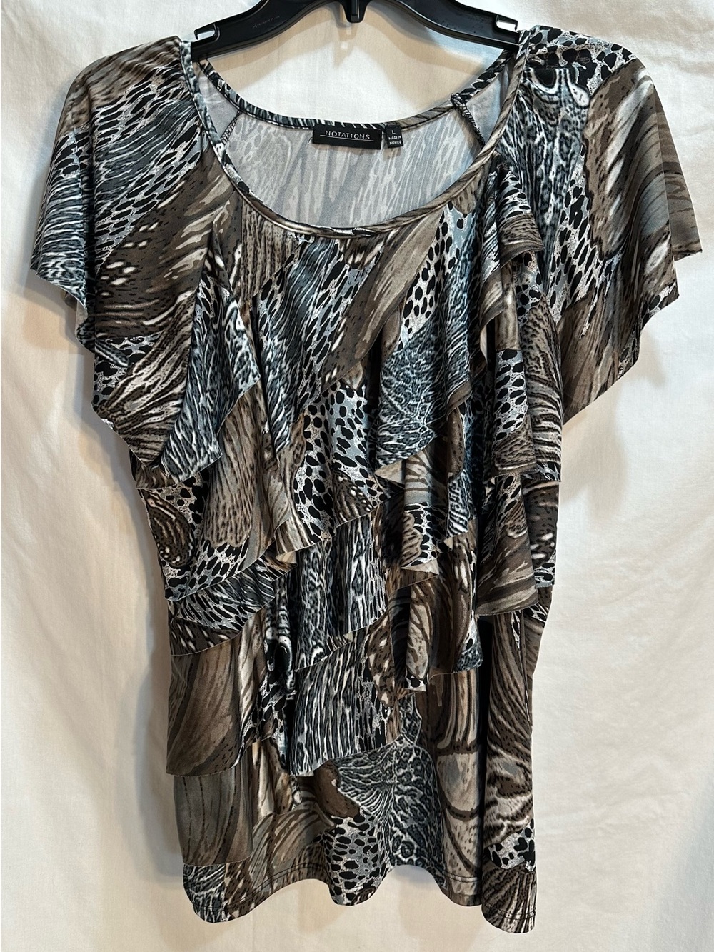 Notations animal print with Black, Tan and Gray Ruffled Short Sleeve Blouse